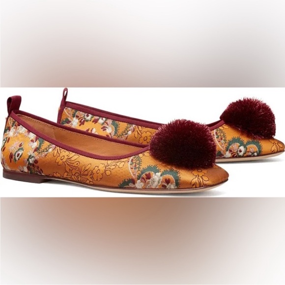 Tory Burch Shoes - Tory Burch Satin Floral Flats with Burgundy and Gold with Pom